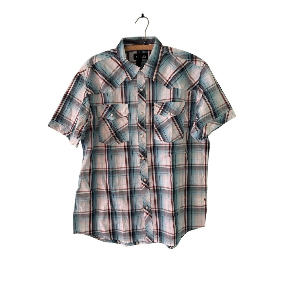 Venzulia Shirt Mens XL Aqua Black Red Plaid Pearl Snap Short Sleeve Cotton